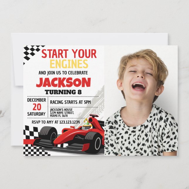 Race Car Birthday Invitation for Boys with photo (Front)