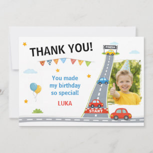 Race Car Birthday Kids Racing Party Photo Thank You Card
