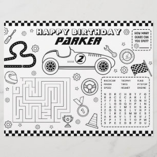 Race Car Birthday Party Coloring Activity Sheet