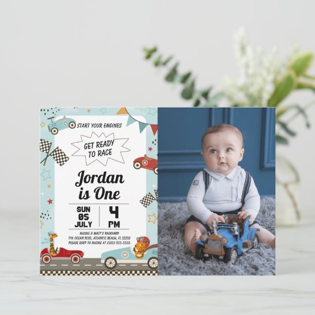 Race Car Birthday Party Invitation With Photo (Standing Front)