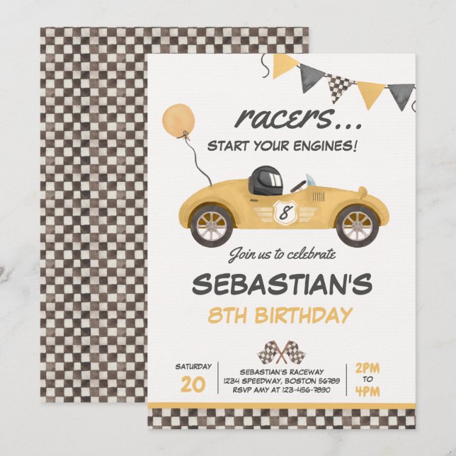 Race Car Birthday Yellow Vintage Racing Birthday Invitation (Front/Back)