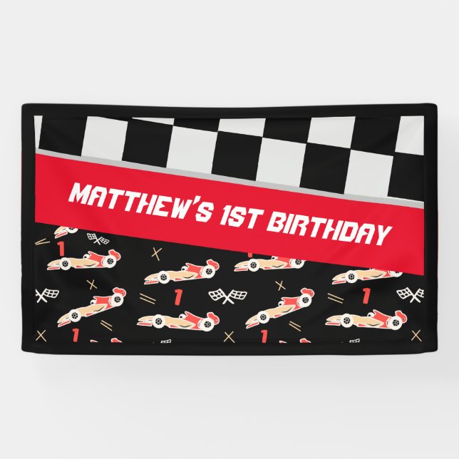 Race Car Black and Red First Birthday Custom Banner (Horizontal)