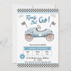 Race Car blue vintage Ready set go 3rd birthday Invitation