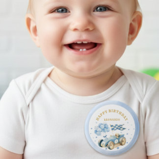 Race Car Blue Watercolor Boy First Birthday 3 Cm Round Badge