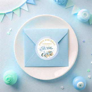 Race Car Blue Watercolor Boy First Birthday Classic Round Sticker