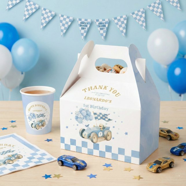 Race Car Blue Watercolor Boy First Birthday Favour Box (Creator Uploaded)