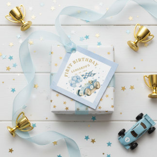 Race Car Blue Watercolor Boy First Birthday Favour Tags