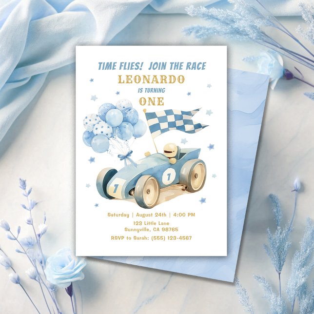 Race Car Blue Watercolor Boy First Birthday  Invitation (Creator Uploaded)