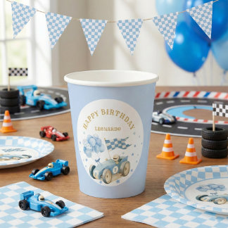Race Car Blue Watercolor Boy First Birthday Paper Cups