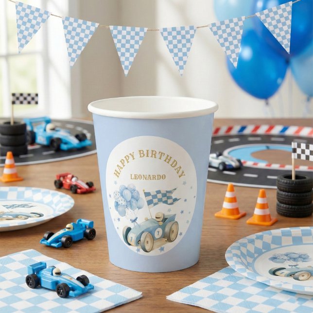 Race Car Blue Watercolor Boy First Birthday  Paper Cups (Creator Uploaded)