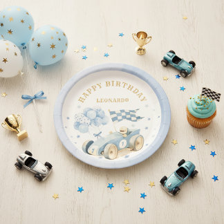 Race Car Blue Watercolor Boy First Birthday Paper Plate