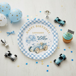 Race Car Blue Watercolor Boy First Birthday Paper Plate