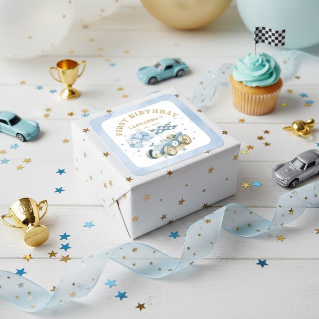 Race Car Blue Watercolor Boy First Birthday Square Sticker (Creator Uploaded)
