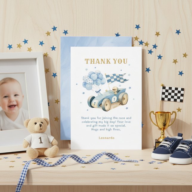 Race Car Blue Watercolor Boy First Birthday  Thank You Card (Creator Uploaded)
