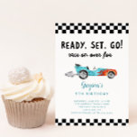 Race Car Boy Birthday Party  Invitation<br><div class="desc">Cute race car theme boy's birthday party invitation card featuring illustration of a blue vintage car with flames. The text says "ready,  set,  go! race on over."</div>