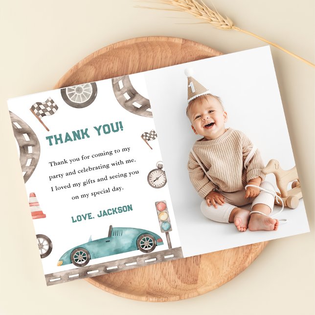 Race Car Boy Birthday Party Photo Thank You Card (Creator Uploaded)