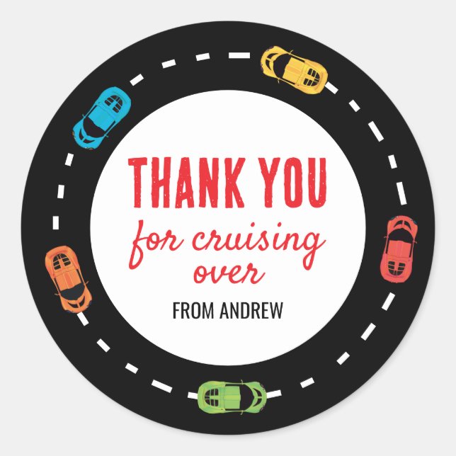 Race Car Boys Birthday Thank You Classic Round Sticker (Front)