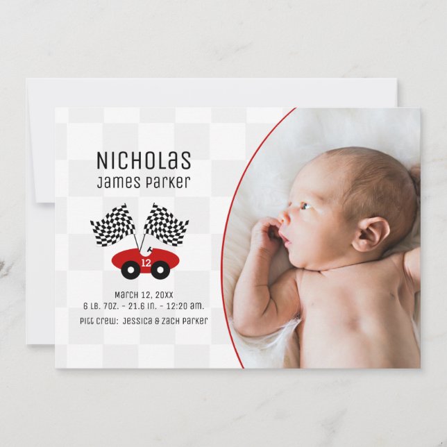 Race Car Chequered Flag Birth with Photo Invitation (Front)