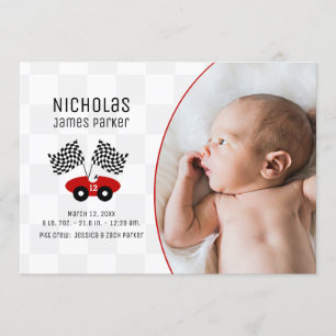 Race Car Chequered Flag Birth with Photo Invitation