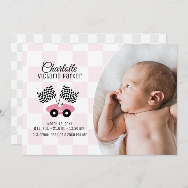 Race Car Chequered Flag Birth with Photo Pink Invitation (Front/Back)