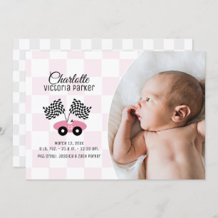 Race Car Chequered Flag Birth with Photo Pink Invitation
