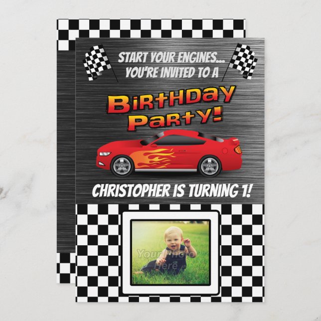 Race Car Chequered Flag Photo Boys Birthday Party Invitation (Front/Back)