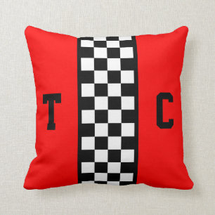 Race Car Chequered Pattern Red Monogrammed Cushion