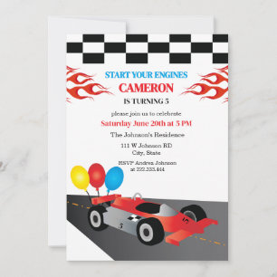  Race Car Chequered Start Your Enigines Birthday  Invitation