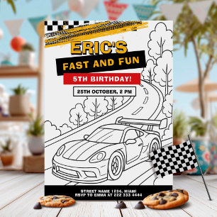 Race Car Coloring Birthday Party Invitation