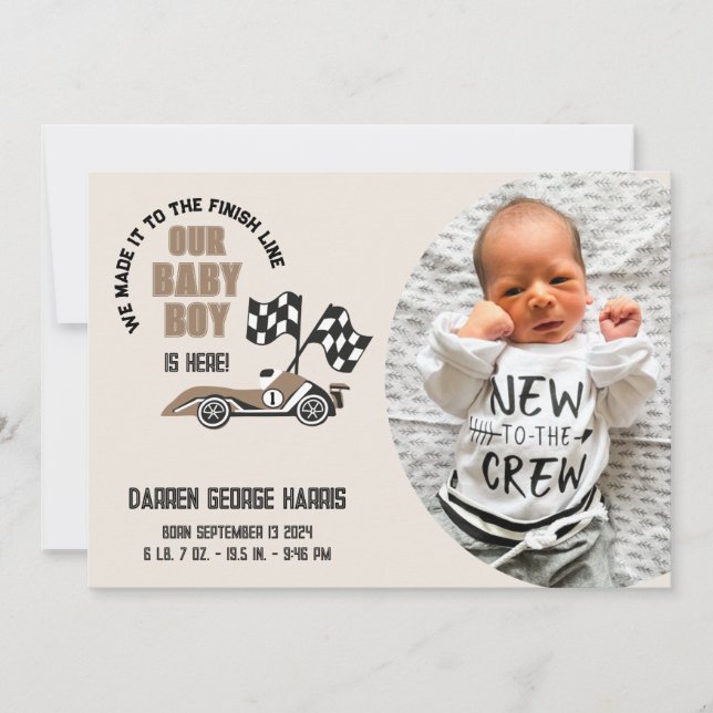 Race Car Crew Baby Boy Birth Announcement (Front)