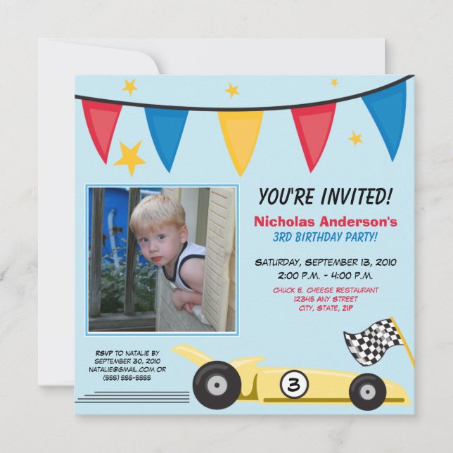 Race Car Custom Birthday Party Invitation (blue) (Front)