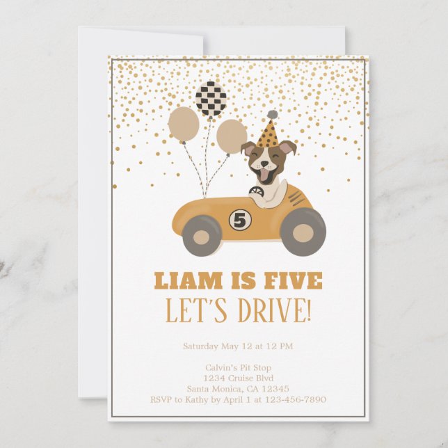 Race Car Dog Boys Fifth Birthday Party Invitation (Front)