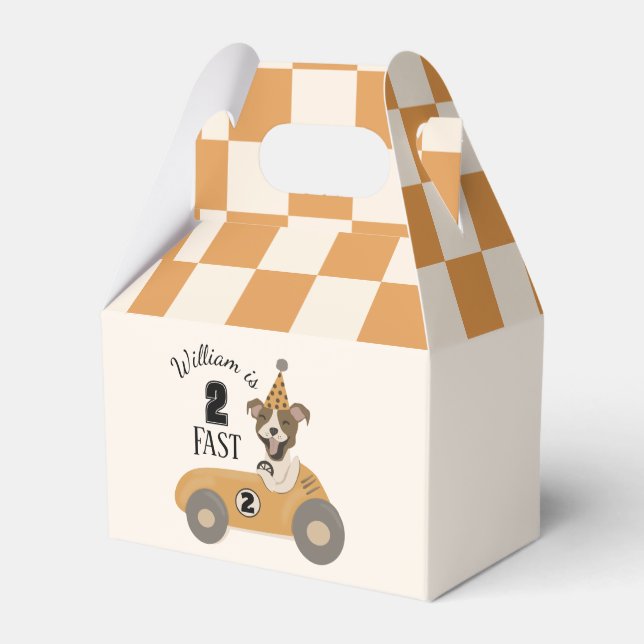 Race Car Dog Boys Two Fast Second Birthday Favour Box (Front Side)