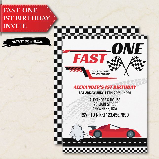 Race Car Fast One 1st Birthday Invitation For Boys (Creator Uploaded)