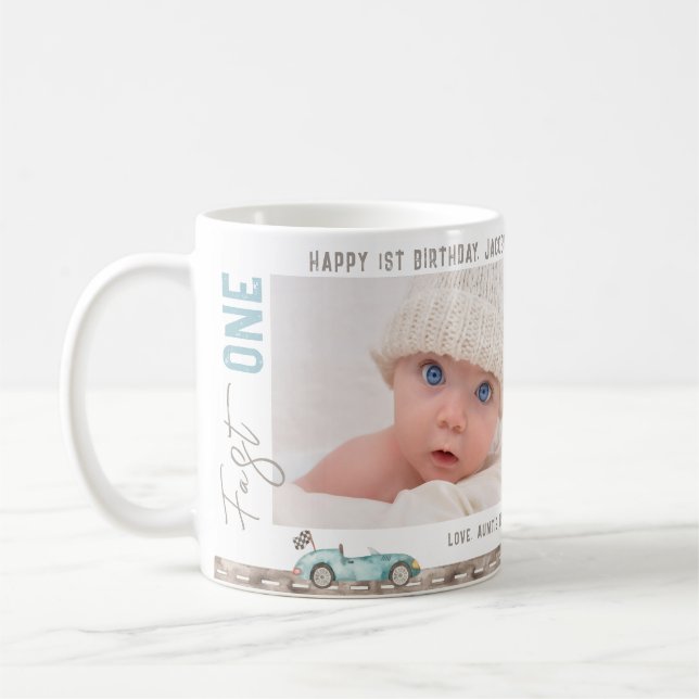 Race Car "Fast ONE" Birthday Gift Mug (Left)