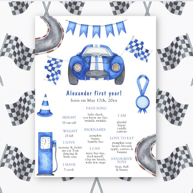 Race Car First Birthday Milestone Birthday Poster (Creator Uploaded)