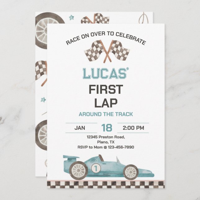 Race Car First Lap Around the Track Birthday Party Invitation (Front/Back)