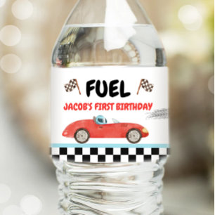 Race Car Fuel Vintage Racing Red Boy Birthday Water Bottle Label