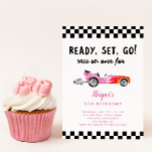 Race Car Girl Ready Set Go Birthday Party Invitation<br><div class="desc">Cute race car theme girl's birthday party invitation card featuring illustration of a pink vintage car with flames. The text says "ready,  set,  go! race on over."</div>