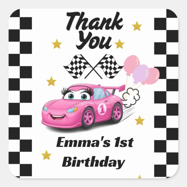 Race Car Girl's Birthday Square Sticker (Front)