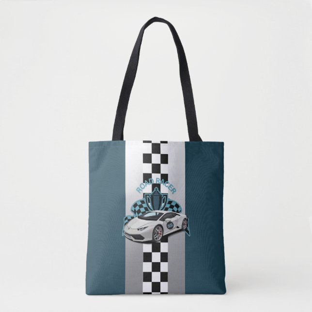 Race car green, white & black chequered tote bag (Front)