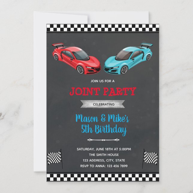 Race car joint boy birthday invitation (Front)