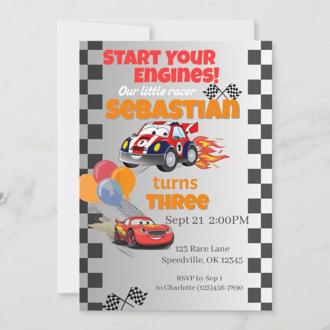 Race Car Kids Birthday Invitation (Front)