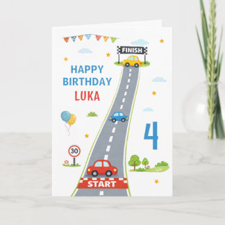 Race Car Kids Racing Track Happy 4th Birthday Card