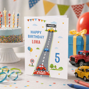 Race Car Kids Racing Track Happy Birthday Card