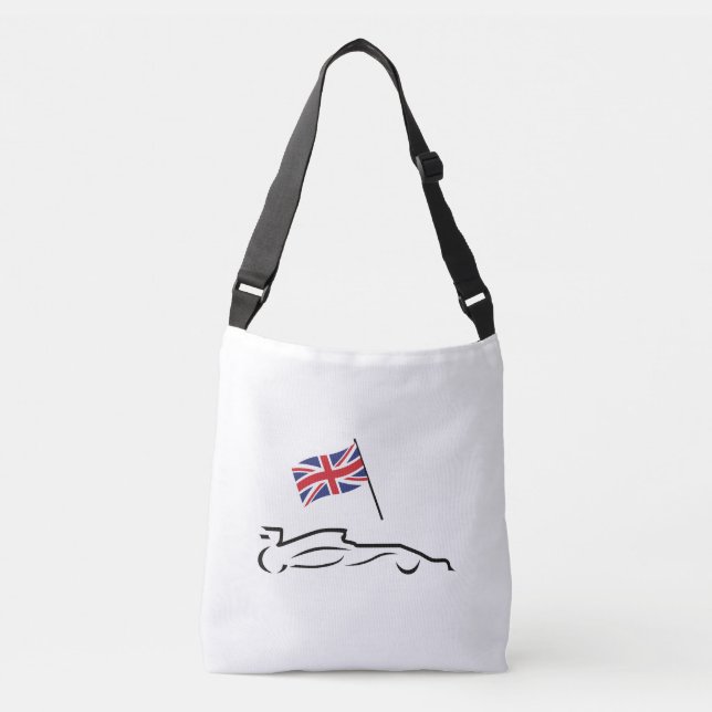 Race Car Line Drawing with British Flag Crossbody Bag (Front)