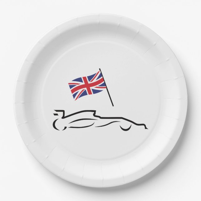 Race Car Line Drawing with British Flag Paper Plate (Front)
