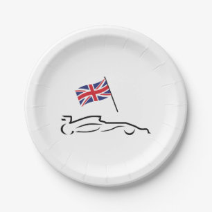 Race Car Line Drawing with British Flag Paper Plate