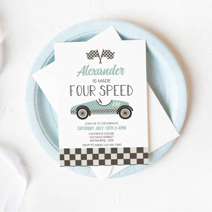Race Car Made Four Speed Birthday Invitation Zazzle