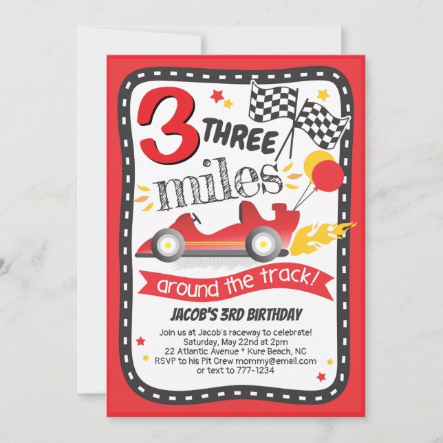 Race Car Miles Around the Track Boy Birthday Invitation (Front)